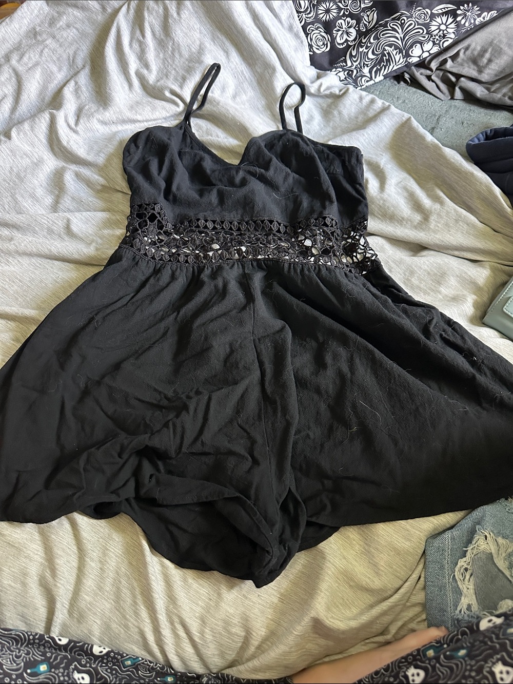 SHEIN Black Crochet-Waist Spaghetti Strap Mini Dress